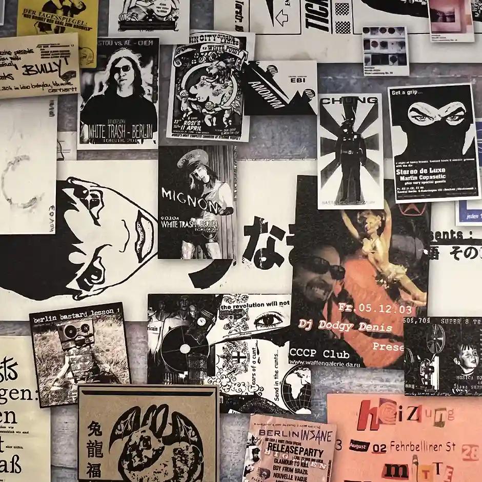 Collage de Flyers años 90 en Berlín. Portada Blog de contracultura Yes Oui Bai diseñado en Bilbao.