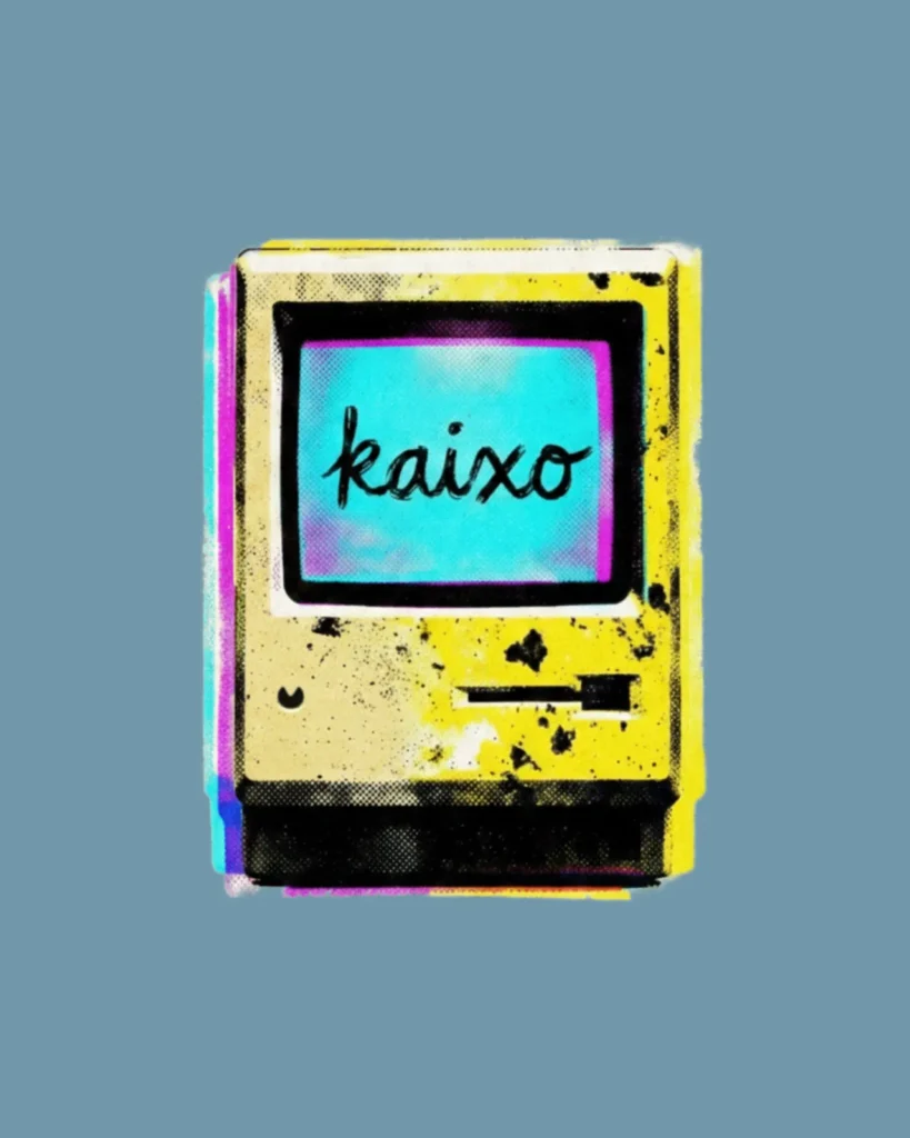 Gráfica artística y humor con Macintosh original diciendo kaixo en ve de hello. Yes Oui Bai. Bilbao