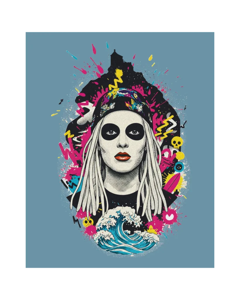 Obra gráfica registrada de la Lamia de Mundaka. Imagen icónica con texturas en CMYK. Icono feminista. Yes Oui Bai. Bilbao.